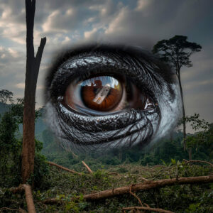 Ein surrealer Moment mit der Nahaufnahme von dem frei schwebenden Auge eines Gorillas. In dem Auge spiegelt sich das Sägeblatt einer Kettensäge. Im Hintergrund ein abgeholzter Wald, Himmel überwiegend bewölkt, links etwas freundlich mit Licht, rechts eher dunkel.