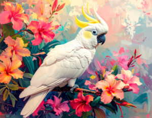 Ein weißer Kakadu mit gelb-weißem Schopf sitzt auf einem Ast, umgeben von tropischen Blüten in Rosa-, Orange- und Rottönen. Auch einige grüne Blätter sind sichtbar. Hintergrund: abstrakt, Leinwand mit Acrylfarben, Pinselführung sichtbar, zarte Pastelltöne.