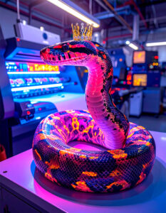 Ein Python, der sich in einem Raum zusammengerollt hat und seinen Kopf und einen Teil des darunter liegenden Körpers erhebt. Der Python ist vielfarbig leuchtend – Rottöne, violett, gelb, orange – und er trägt auf seinem Kopf eine zierliche, goldene Krone. Im Hintergrund Druckmaschinen.