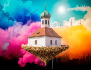 Ein surrealer Moment: Blick auf eine frei schwebende kleine Kirche mit Zwiebelturm auf einem kleinen, nach unten spitz auslaufenden Stückchen Land. Das Land unter der Kirche ist von goldenem Konfetti bedeckt, das um die Kirche herum auch etwas hochwirbelt. Im Hintergrund bunte Wolken, aus denen Windräder ragen. Ganz oben ein türkisfarbener Bereich mit einem weißen diffusen Fleck, der die Sonne darstellt.