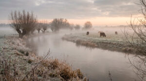Fotografie eines ruhigen Flusses, der sich in einer weiten, sanften Windung durch eine flache Landschaft schlängelt. Winterliche Szene am frühen Morgen. Über dem Fluss und über den Wiesen liegen niedrige, dichte Nebelbänke, die knapp über dem Boden schweben. Am Ufer des Flusses stehen kahle Weiden ohne Blätter. Hinter den Weiden erstreckt sich offenes Grünland, auf dem mehrere Rinder stehen. Die Atmosphäre ist still, geheimnisvoll, märchenhaft und leicht mystisch.