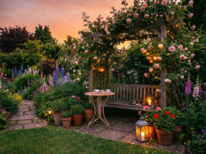 Ein Garten im Zwielicht der untergehenden Sonne. Der Himmel ist klar und erfüllt vom warmen Licht der untergehenden Sonne. Eine Holzbank umgeben von einer Pergola, die mit Kletterrosen bewachsen ist, vor der Bank ein kleiner, runder Vintage-Gartentisch aus Metall, neben der Bank Pflanzen, die in Terracotta-Töpfen wachsen, Beete mit blühenden Stauden, ein Fußweg aus Naturstein zu der Bank. Auf dem Tisch liegen ein aufgeschlagenes Buch und eine Tasse aus weißem Porzellan, darauf in der oberen Hälfte ein rotes Muster. Auf der Bank hat sich eine Katze zum Schlaf zusammengerollt. An der Pergola, auf der Bank und davor hängen und stehen einige Laternen, in denen Kerzen leuchten. Ein Moment der Stille, der Garten als Sehnsuchtsort, als grüne Oase im Alltag.