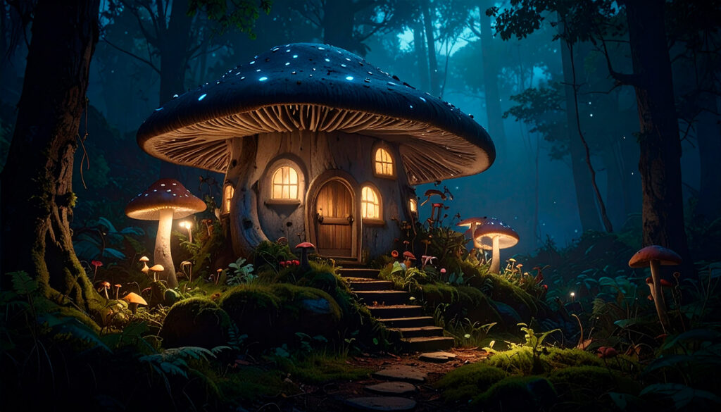Mystisch anmutende Szene mit einem Pilzhaus in einem mystischen Wald. In dem breiten Stiel des Pilzes befindet sich eine Holztür sowie mehrere Fenster, aus denen ein warmes Licht scheint. Eine Treppe führt von einem Pfad durch den Wald hoch zu der Treppe. Auf dem breiten Hut des Pilzhauses befinden sich einige kleine Flecken, die matt und in einem etwas bläulichen Licht schimmern. Einige kleinere Pilze umgeben das Pilzhaus und beleuchten die Szene nach unten wie nach unten leuchtende Stehlampen.